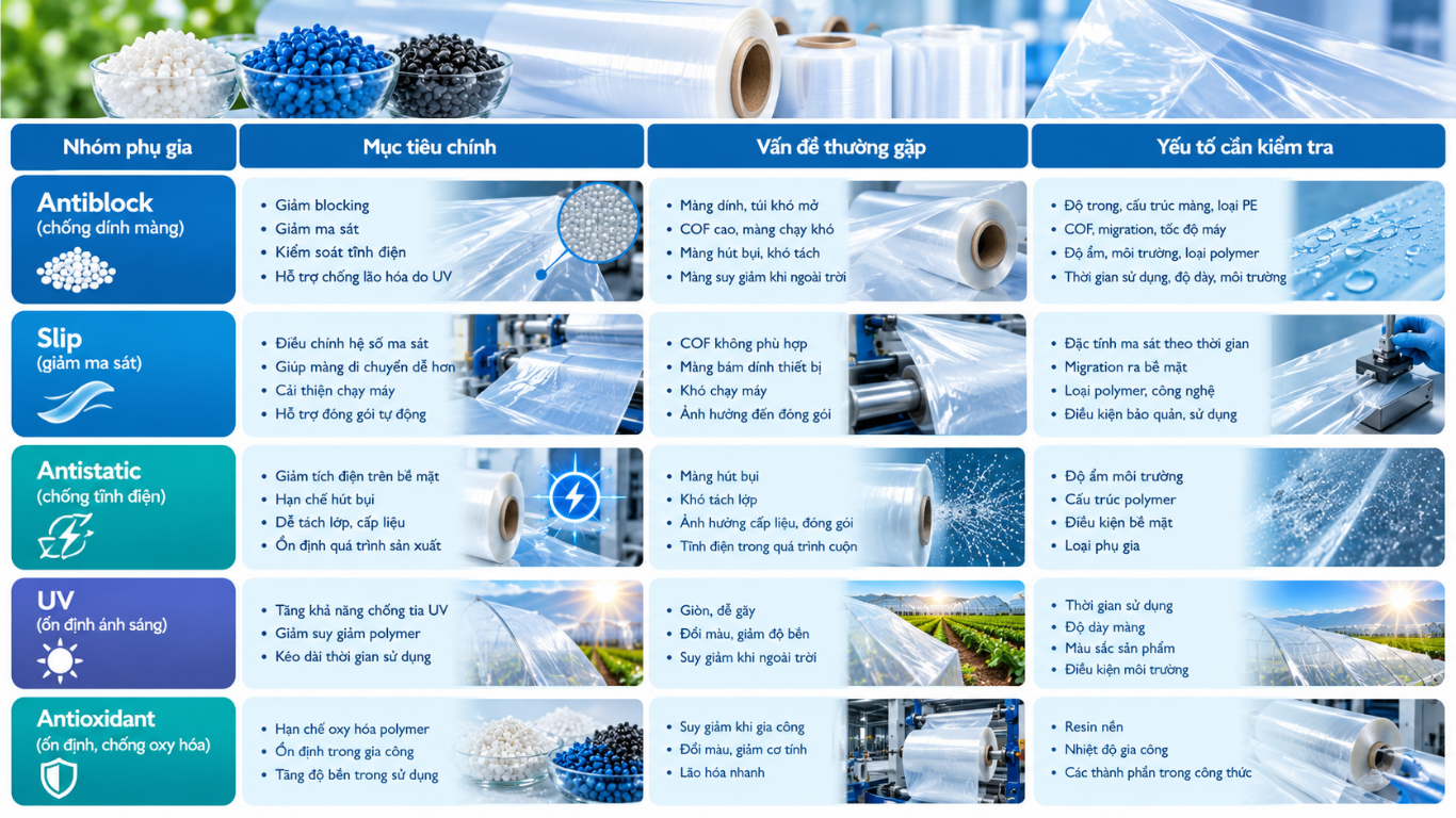 Bảng so sánh các phụ gia thường dùng cho màng PE